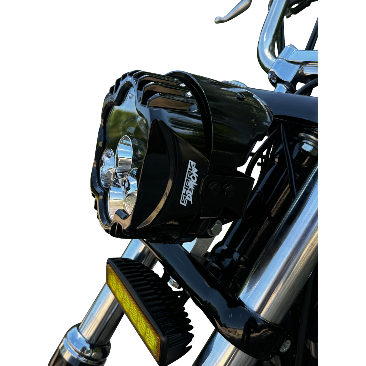 Custom Dynamics LED Headlight - Shark Demon 2 - Pedestal Mount 1999-2022 Dyna, Sportster, Softail Models
